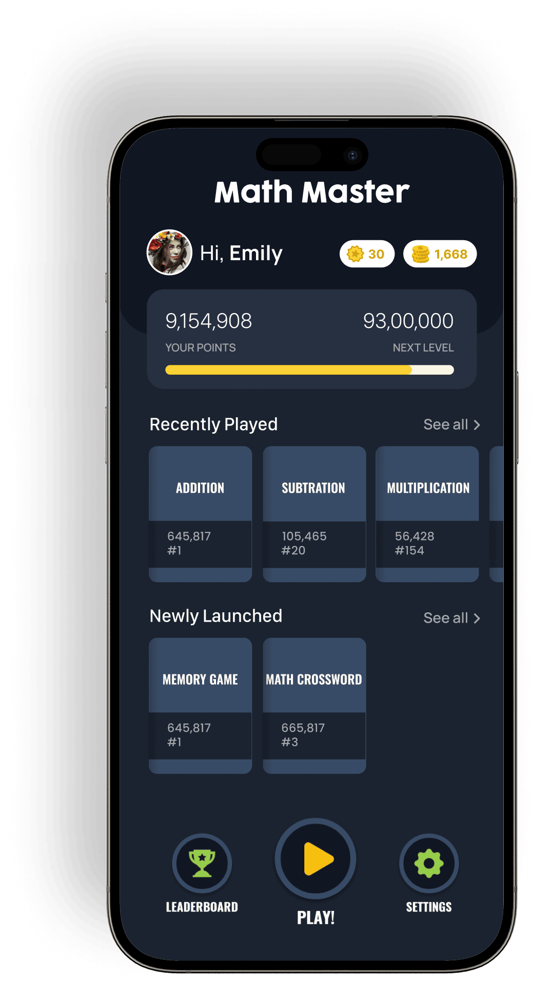 Math Master app in dark mode
